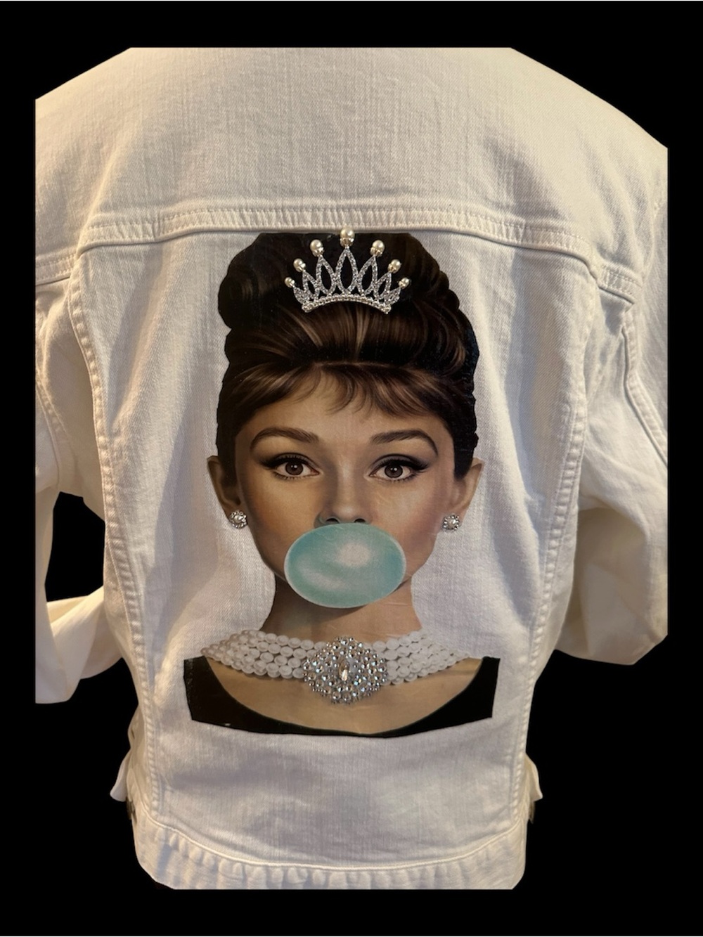 White Denim Jacket with Audrey Hepburn custom made one of a kind